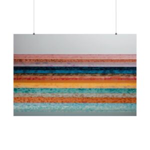 Abstract artwork featuring horizontal layers of vibrant colors including orange, blue, yellow, and turquoise