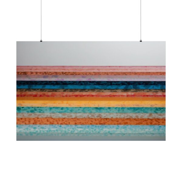 Abstract artwork featuring horizontal layers of vibrant colors including orange, blue, yellow, and turquoise