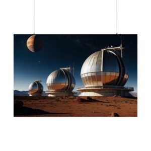 futuristic observatories on an alien planet with a distant planet in the sky