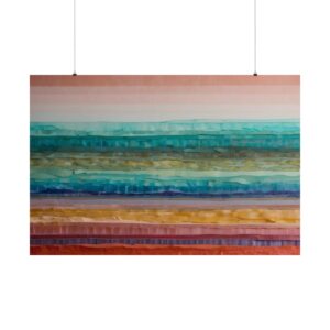 Abstract artwork with horizontal layers of vibrant colors including shades of turquoise, purple, yellow, and red