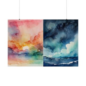 Abstract watercolor artwork depicting a vibrant sunset on the left and a starry night sky on the right