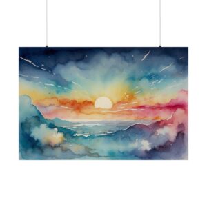 Watercolor landscape with a vibrant sunrise, colorful clouds, and calm waters