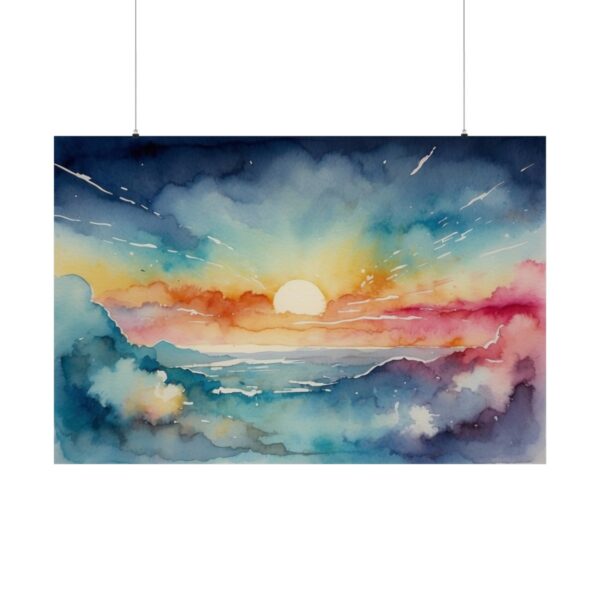 Watercolor landscape with a vibrant sunrise, colorful clouds, and calm waters