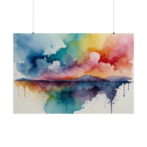 Abstract watercolor landscape with colorful clouds and their reflection, featuring vibrant shades of blue, pink, yellow, and purple