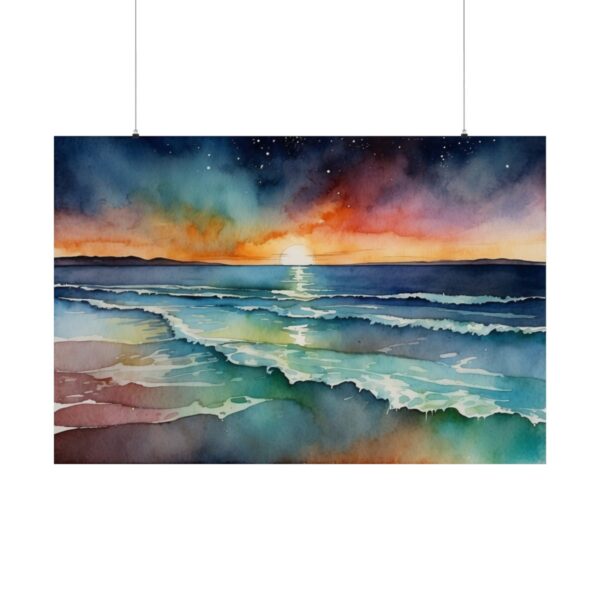 Vibrant watercolor seascape with colorful sunset, crashing waves, and a starry sky