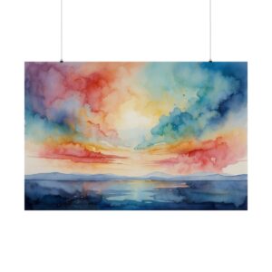 Vibrant watercolor landscape with colorful clouds, a glowing sunset, and calm water reflecting the sky