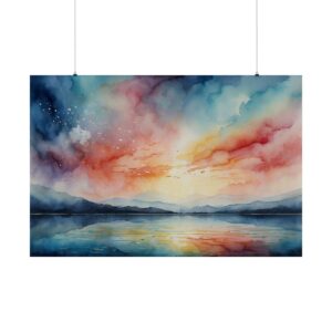 Abstract watercolor landscape with vibrant sunset, colorful sky, mountains, and calm lake reflection