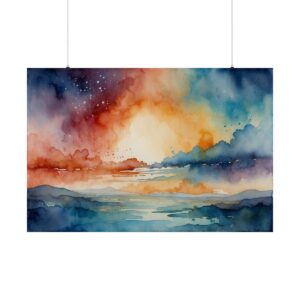 Abstract watercolor landscape with vibrant sunset, colorful clouds, and calm water