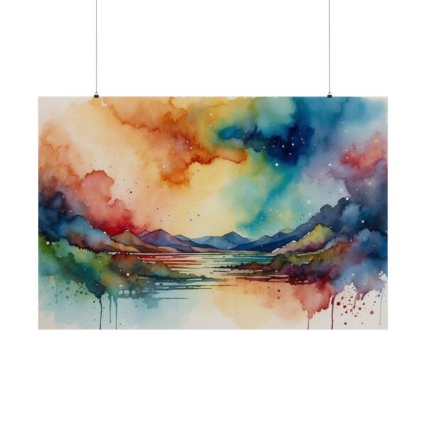 Vibrant watercolor landscape with colorful skies, mountains, and a calm lake