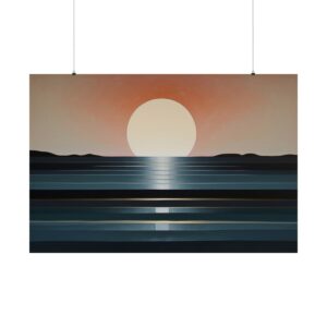 Minimalist sunset with a large sun reflecting over calm water and distant mountains in a serene landscape