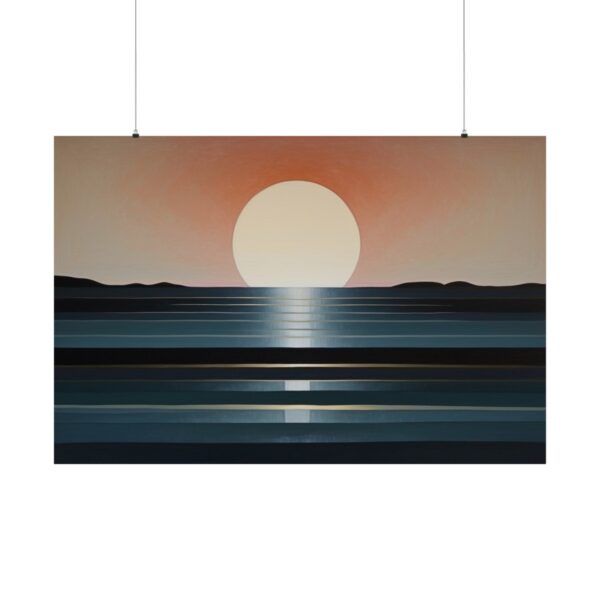 Minimalist sunset with a large sun reflecting over calm water and distant mountains in a serene landscape