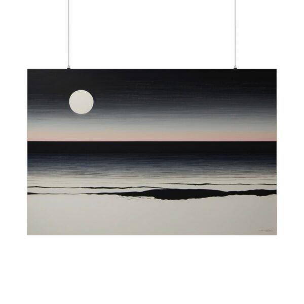 Minimalist landscape with a full moon over calm water and a distant shoreline, featuring a soft gradient sky