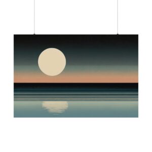 Minimalist scene with a large full moon reflecting on calm water against a dark sky with soft gradient hues