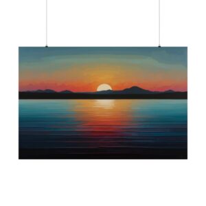 Minimalist sunset with a glowing sun over calm water and distant mountains, reflecting vibrant colors on the water