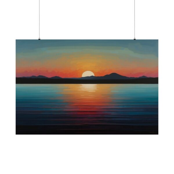 Minimalist sunset with a glowing sun over calm water and distant mountains, reflecting vibrant colors on the water