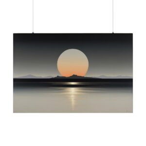 Minimalist sunset with a large sun over calm water and distant mountains in a serene landscape