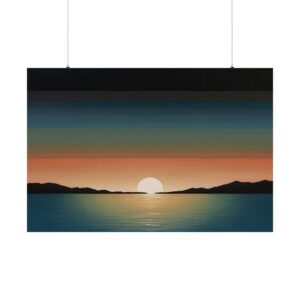 Minimalist sunset over a calm body of water with distant mountains and a gradient sky