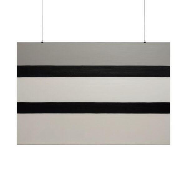 Minimalist abstract artwork with horizontal black and white stripes against a gray background