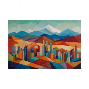 Geometric abstract cityscape with colorful buildings and mountains in vibrant shades of orange, blue, and red