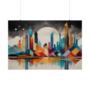 Geometric abstract cityscape with colorful buildings reflected in water, set against a large moon and dark sky