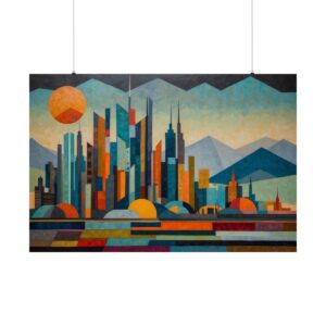 Geometric abstract cityscape with colorful buildings, domes, and mountains in vibrant shades of blue, orange, and yellow