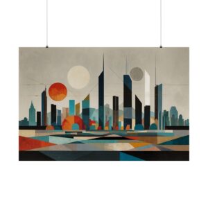 Geometric abstract cityscape with tall buildings and colorful shapes in shades of blue, orange, and gray