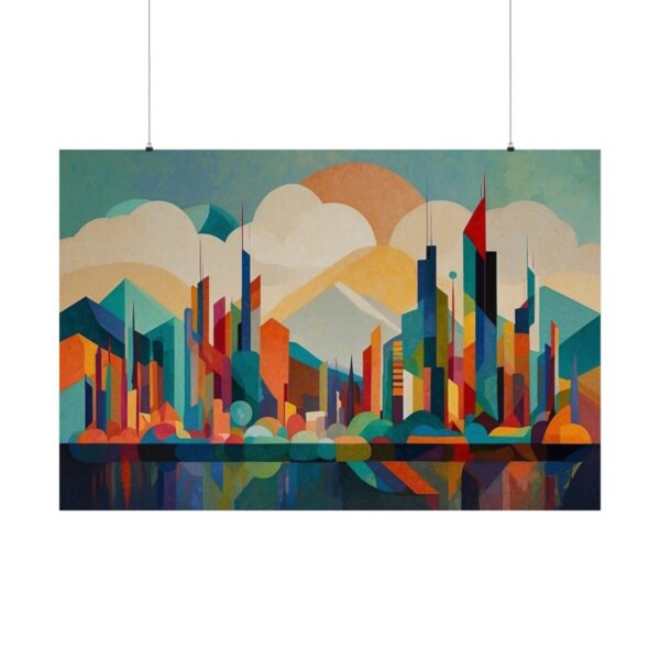 Geometric abstract cityscape with colorful buildings and mountains reflected in water in vibrant shades of blue, orange, and green