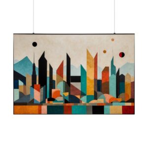 Geometric abstract cityscape with tall, colorful buildings and mountains in vibrant shades of orange, blue, and yellow