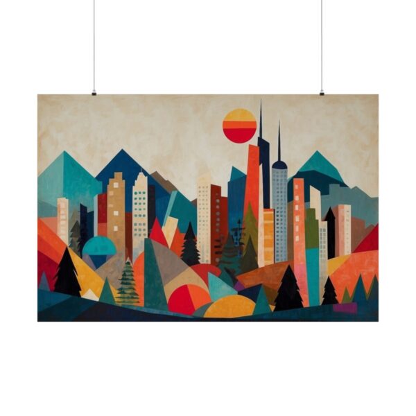 Geometric abstract cityscape with colorful buildings, mountains, and a sun in vibrant shades of red, orange, blue, and green