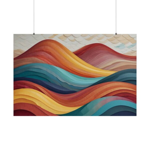 Abstract artwork featuring flowing layered waves in vibrant shades of orange, blue, red, and yellow