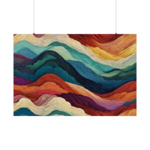 Abstract artwork with layered waves in rich shades of blue, red, orange, and green