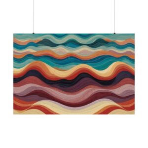 Abstract artwork with flowing layered waves in multiple shades of blue, orange, red, and purple