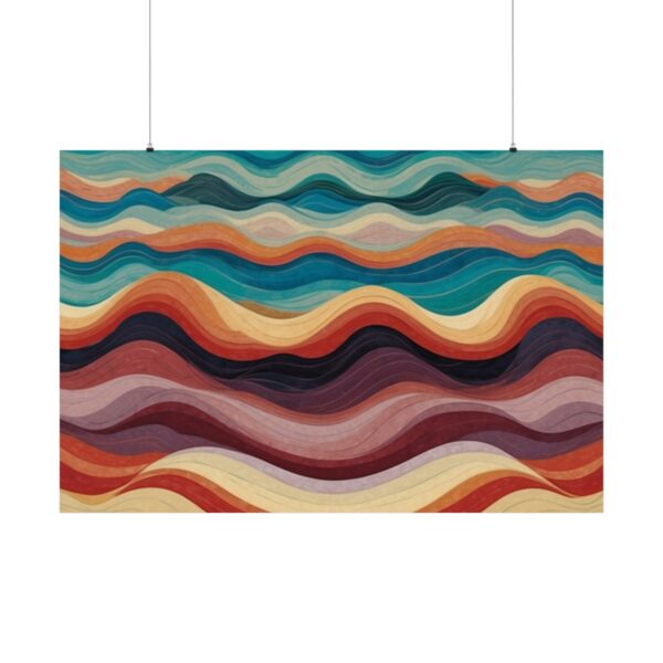 Abstract artwork with flowing layered waves in multiple shades of blue, orange, red, and purple