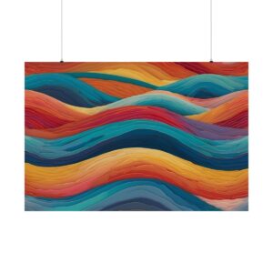 Abstract artwork featuring layered waves in vibrant shades of blue, orange, red, and yellow