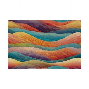 Abstract artwork with flowing layered waves in vibrant colors like orange, blue, red, and yellow