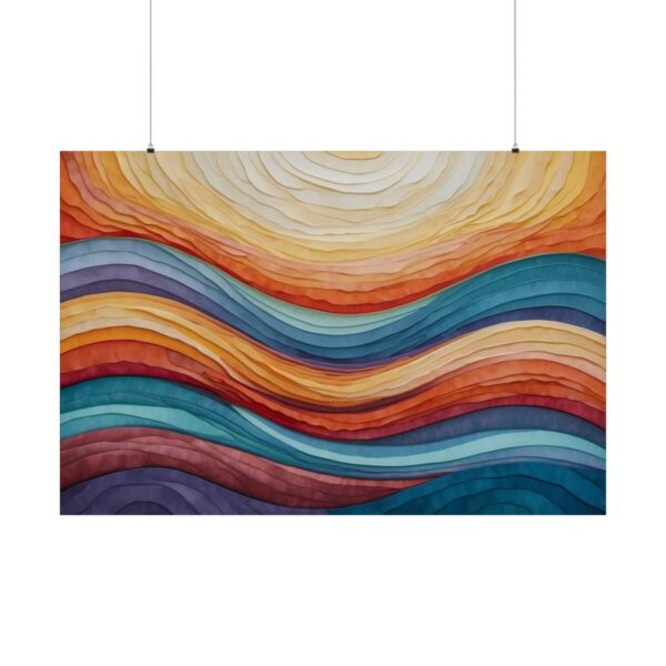 Abstract artwork featuring layered waves in vibrant shades of orange, blue, red, and purple