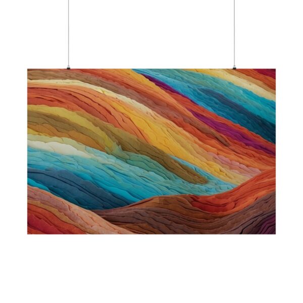 Abstract artwork featuring layered, colorful waves in shades of red, orange, blue, and yellow