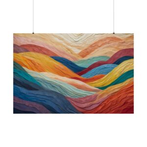 Abstract artwork featuring colorful, layered waves in vibrant hues of orange, blue, red, and yellow