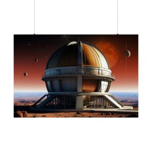 futuristic observatory on an alien planet with multiple planets in the sky at sunset