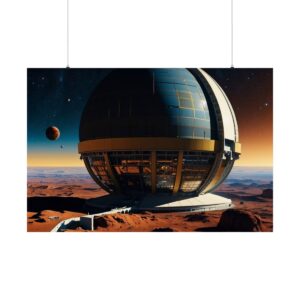 futuristic observatory on an alien planet with a distant planet and desert landscape at sunset