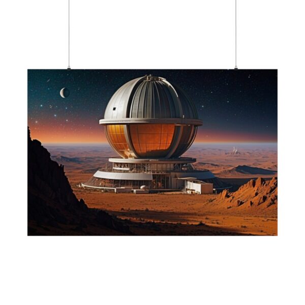 futuristic observatory on an alien planet with a distant planet and rugged terrain at sunset