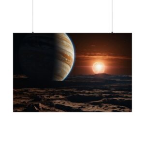 massive planet rising over a barren alien landscape with a distant setting sun