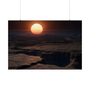 large sun setting over a barren alien landscape with deep canyons