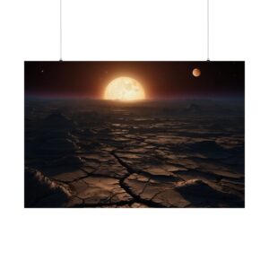 setting sun over a barren alien landscape with a distant planet in the sky