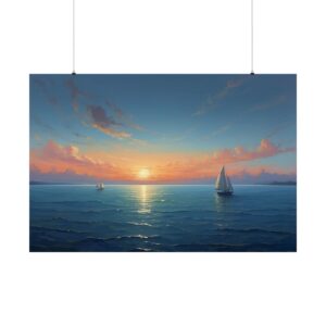 sailboats on calm ocean waters at sunset with vibrant clouds and a peaceful horizon