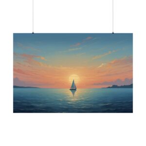 sailboat on calm ocean waters at sunset with vibrant clouds and a peaceful horizon