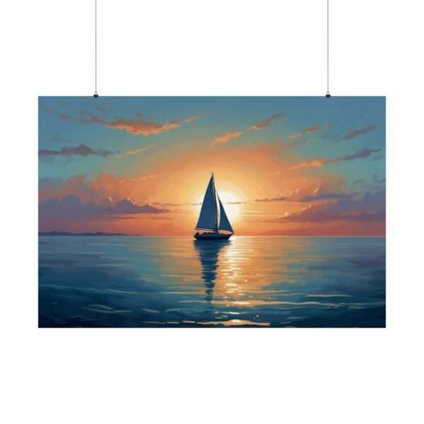 sailboat on calm ocean waters at sunset with a vibrant sky and sun reflecting on the water