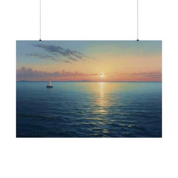 sailboat on calm ocean waters at sunset with soft clouds and a peaceful horizon