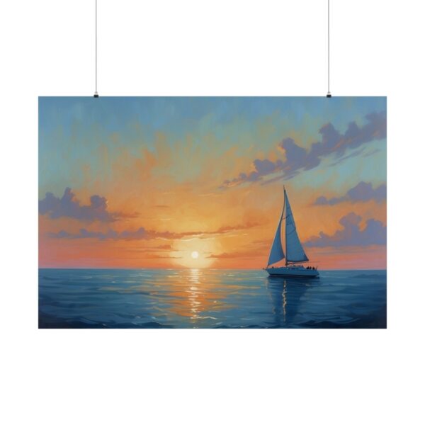 sailboat sailing on calm ocean waters at sunset with a vibrant sky and clouds