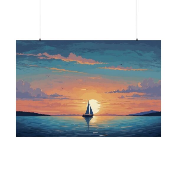 sailboat on calm ocean waters at sunset with vibrant clouds and a peaceful horizon